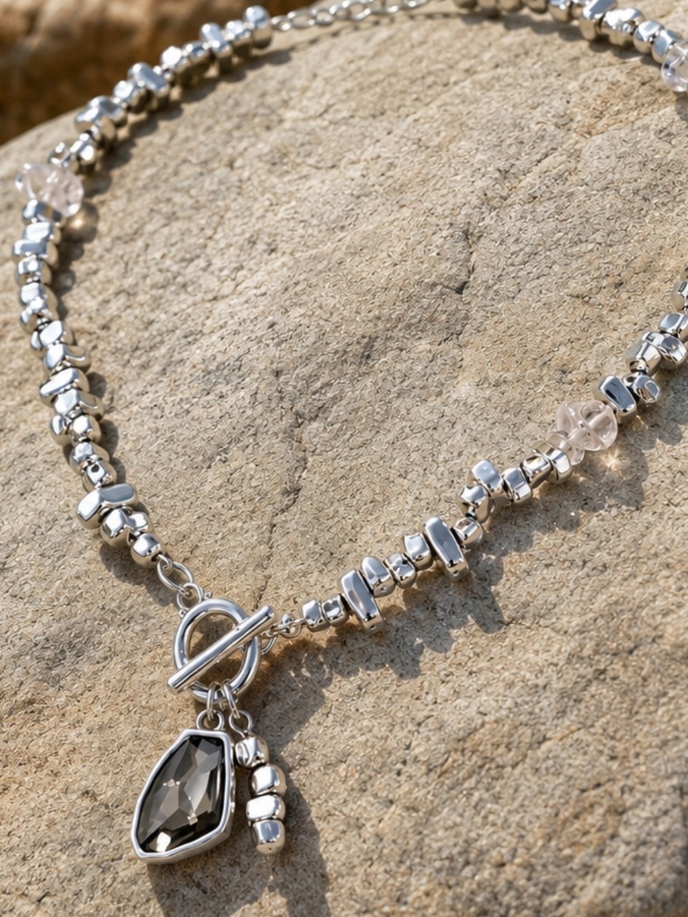 Silver-Tone Beaded Necklace with Gray Pendant - Picture 3 of 3